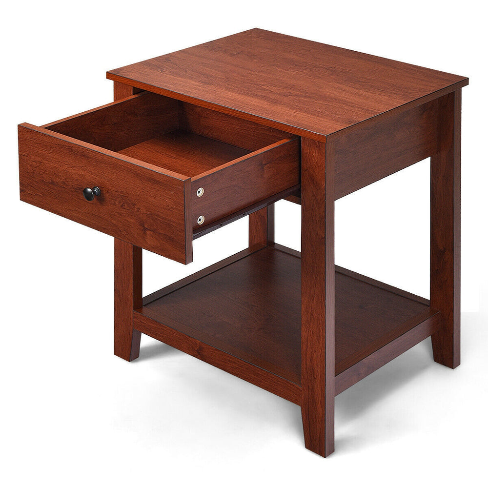 Nightstand featuring a spacious top and open shelf, crafted from premium particleboard, perfect for versatile room.