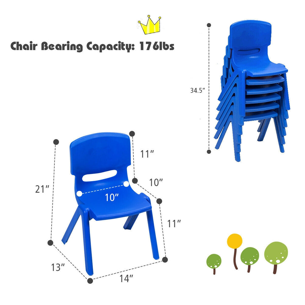 Blue plastic stackable classroom chair with ergonomic design, ASTM certified, suitable for kids aged 3-8 years.
