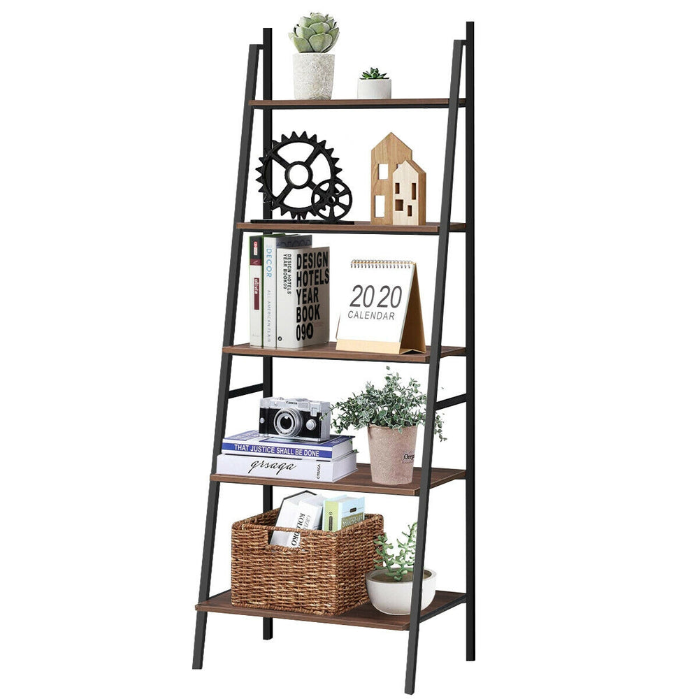 5-tier leaning bookshelf made of steel and particle board, featuring a stylish trapezoidal design for home decor.