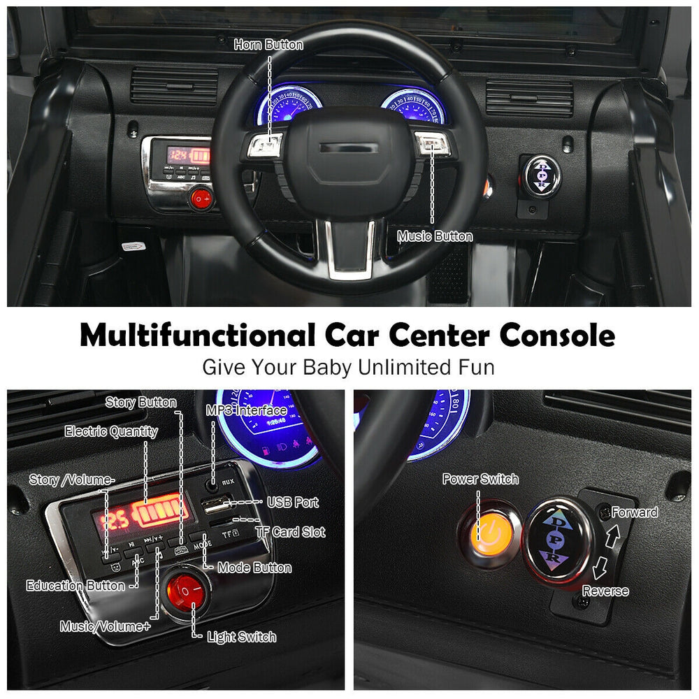 Multifunctional car center console of the 12V Kids Ride On Truck with remote control, featuring USB port and volume.