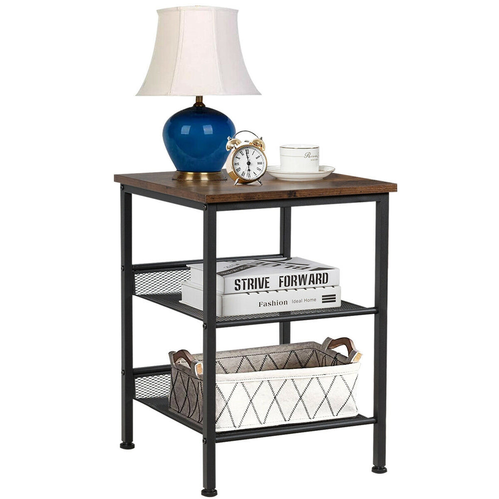 3-tier industrial end table with adjustable mesh shelves, sturdy steel frame, and rustic top for living room or bedroom.