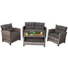 4-piece patio rattan furniture set with gray cushioned loveseat, two chairs, and coffee table for outdoor relaxation.