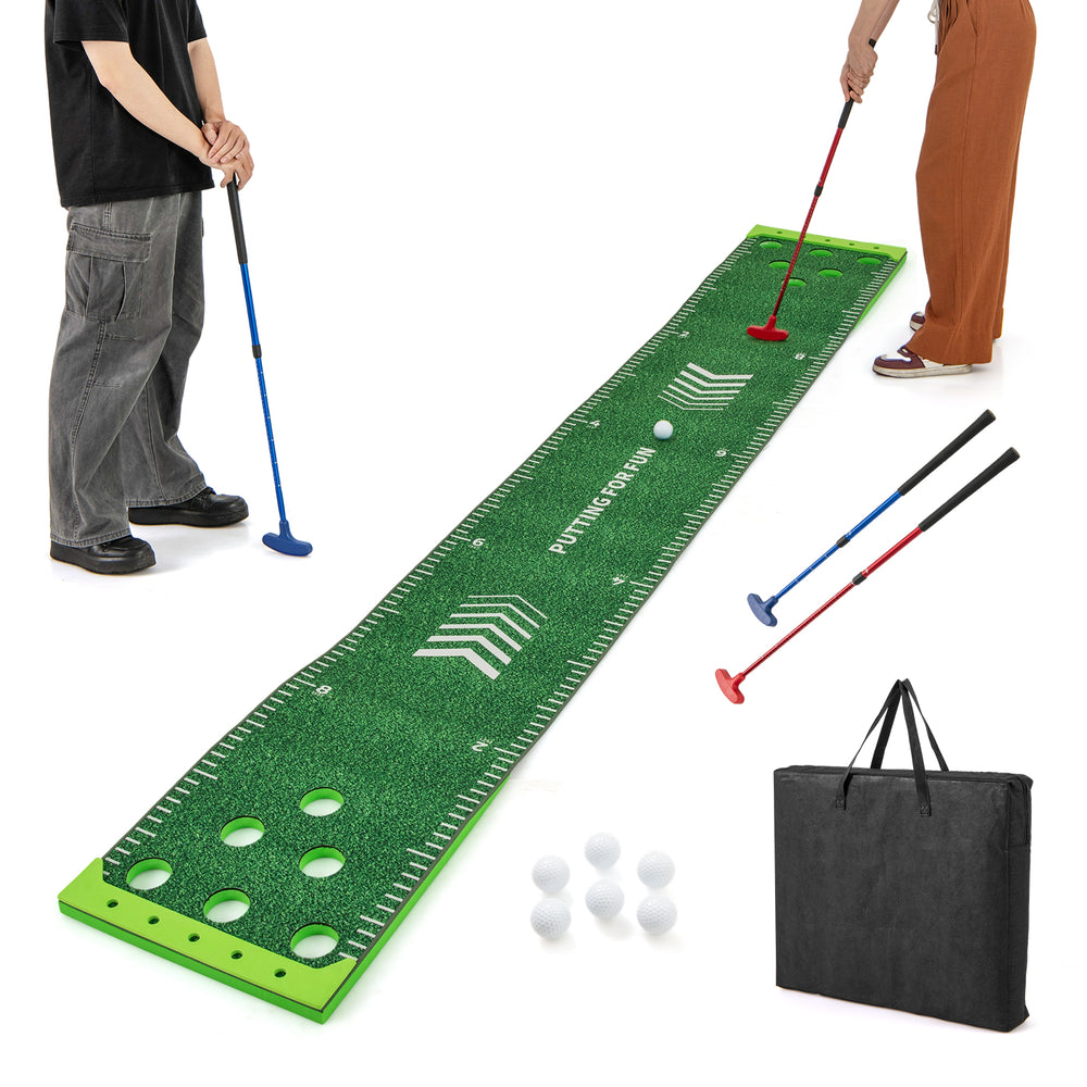 Putting green mat with adjustable putters, 6 balls, and carry bag, ideal for indoor and outdoor golf fun.