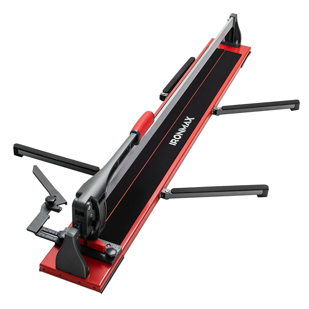 Manual 48-inch tile cutter with tungsten carbide blade, adjustable side brackets, and ergonomic handle for accurate.