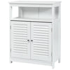 White bathroom storage cabinet with a modern design, featuring a sturdy structure and double shutter doors for.