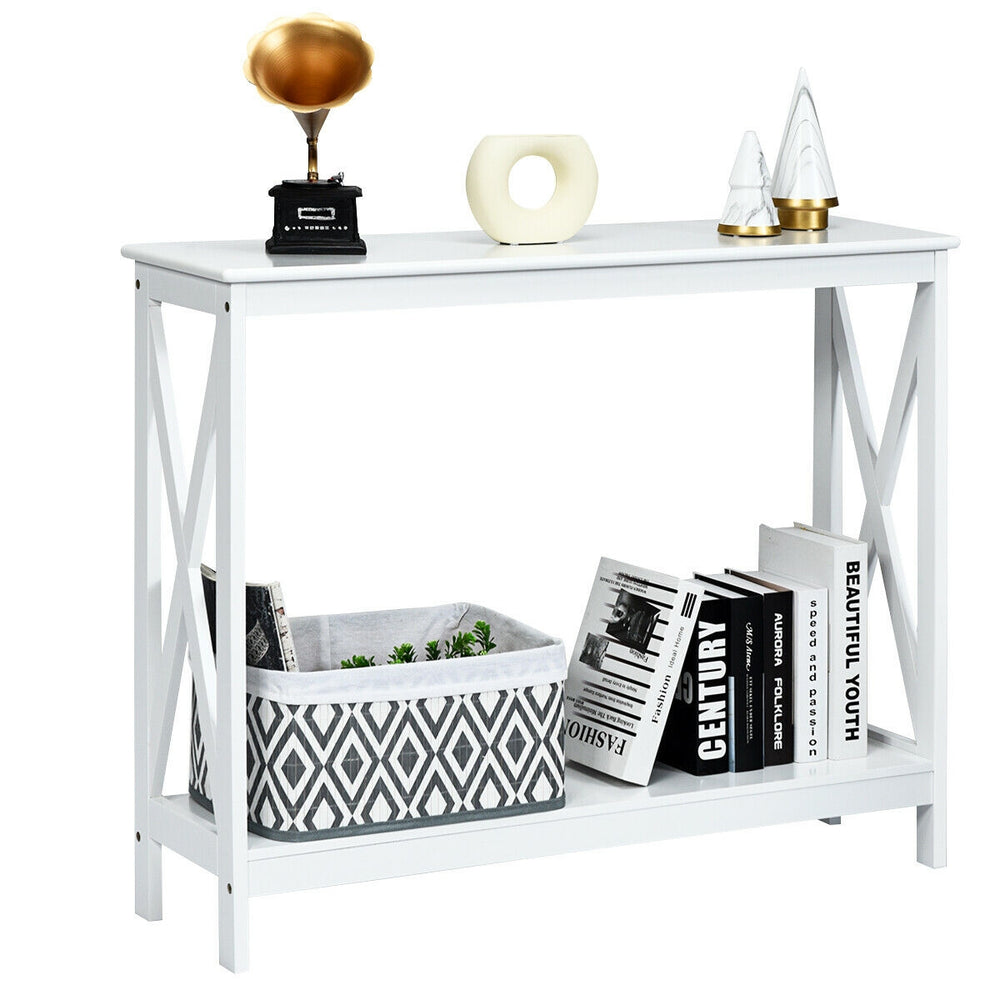 White 2-tier console table with X-design, featuring a smooth surface and sturdy construction, perfect for stylish.