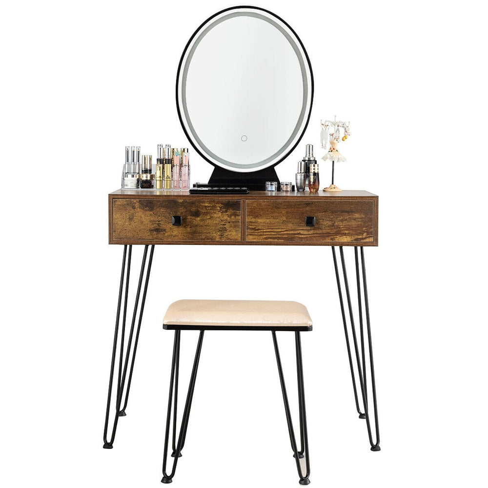 Industrial makeup dressing table in rustic brown with touch screen mirror and matching stool for stylish bedroom.