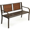 Patio garden bench with curved armrests and spacious seat, made of weather-resistant PE rattan for outdoor enjoyment.