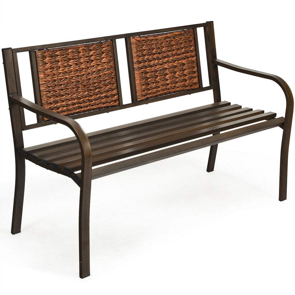 Patio garden bench with curved armrests and spacious seat, made of weather-resistant PE rattan for outdoor enjoyment.