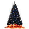 Black 6-foot hinged artificial Halloween Christmas tree with blue and white ornaments, surrounded by pumpkins and.