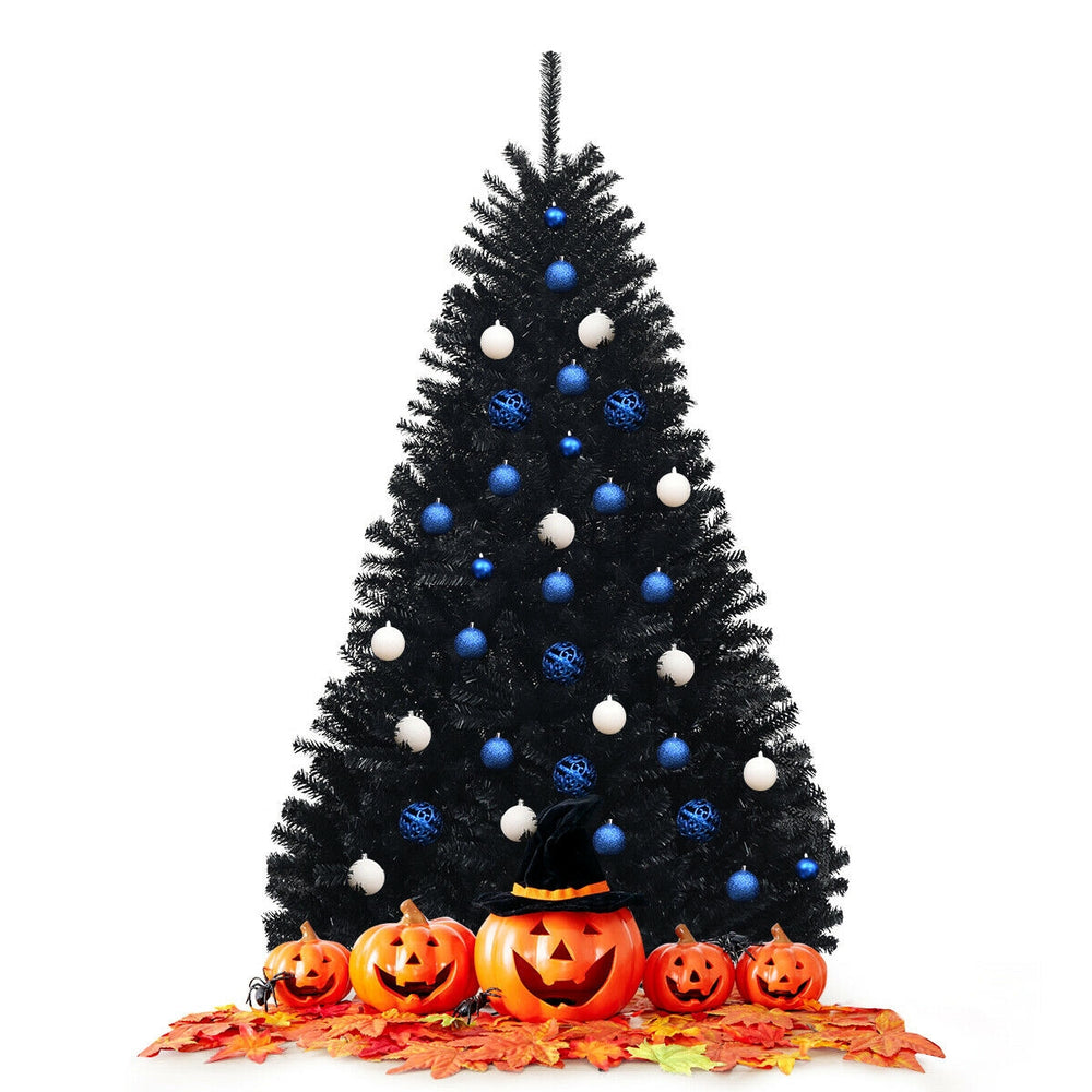 Black 6-foot hinged artificial Halloween Christmas tree with blue and white ornaments, surrounded by pumpkins and.