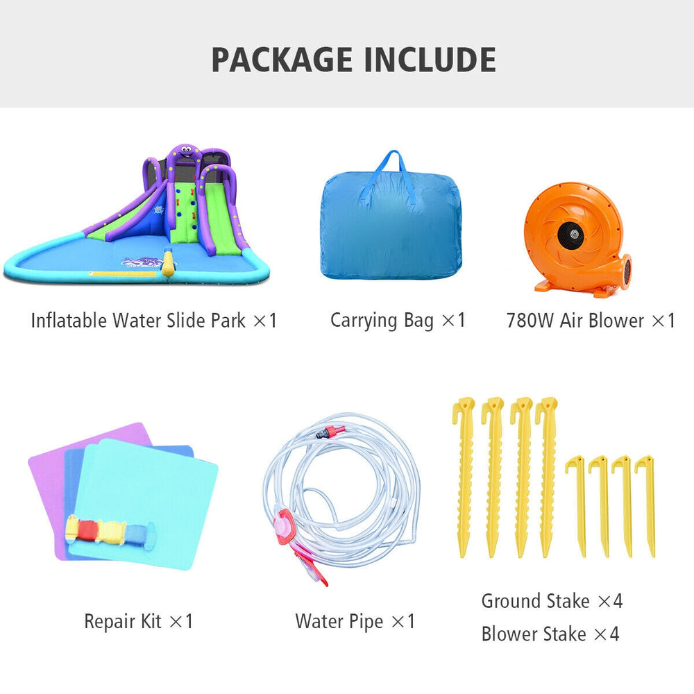 Inflatable Water Park set includes slide, pool, 780W blower, carrying bag, and repair kit for summer fun in the.
