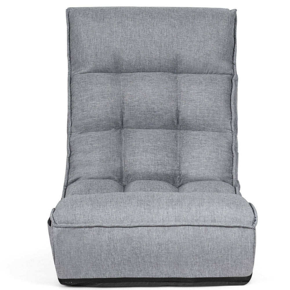 Gray folding lazy sofa chair with four adjustable positions, featuring a comfortable cushioned seat for versatile use.