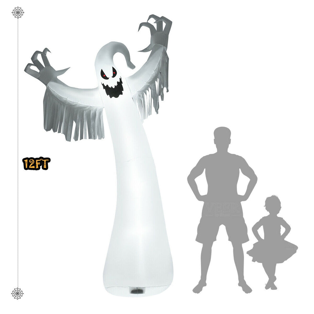12 feet Halloween inflatable spooky ghost with LED lights, perfect for outdoor decor and nighttime displays.