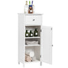 White wooden bathroom floor storage cabinet featuring a drawer and adjustable shelves for versatile organization.