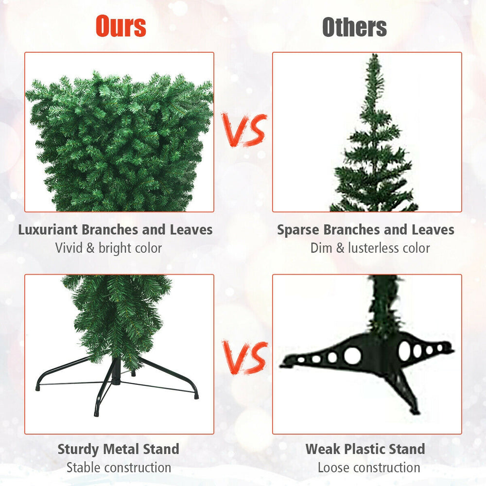 Upside down 7 feet artificial Christmas tree with 1000 vivid green branch tips and sturdy metal stand for stability.