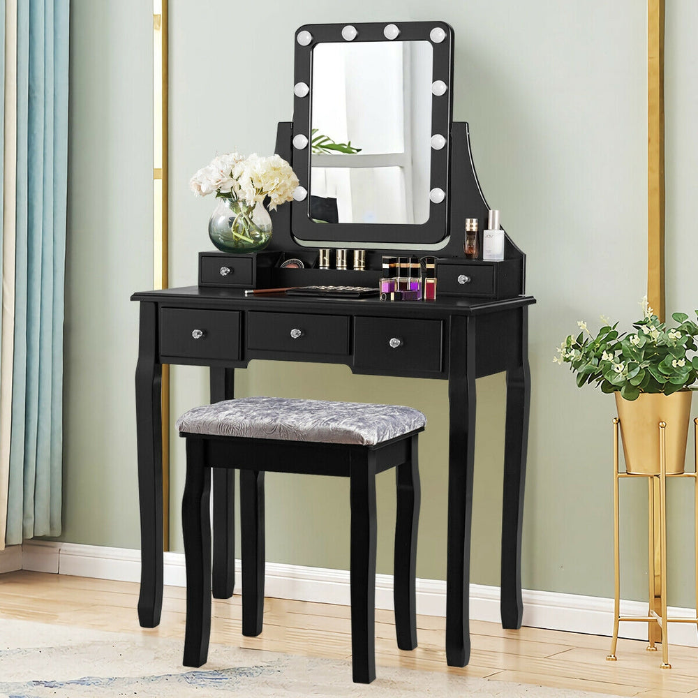 Black vanity dressing table set with 10 dimmable bulbs, cushioned stool, and 360° rotating mirror for bedroom use.