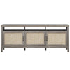 Gray universal TV stand with three rattan cabinet doors and solid wood legs, providing elegant storage for TVs up to 65.