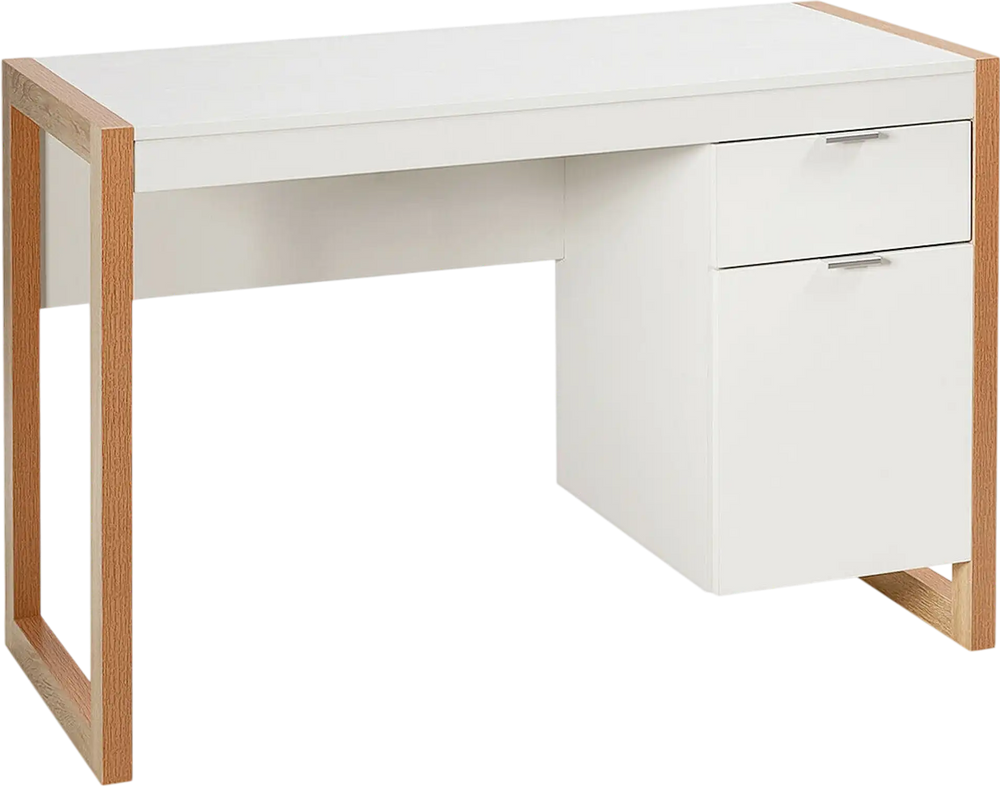 Modern white computer desk with oak accents, featuring a large drawer and cabinet for efficient workspace organization.