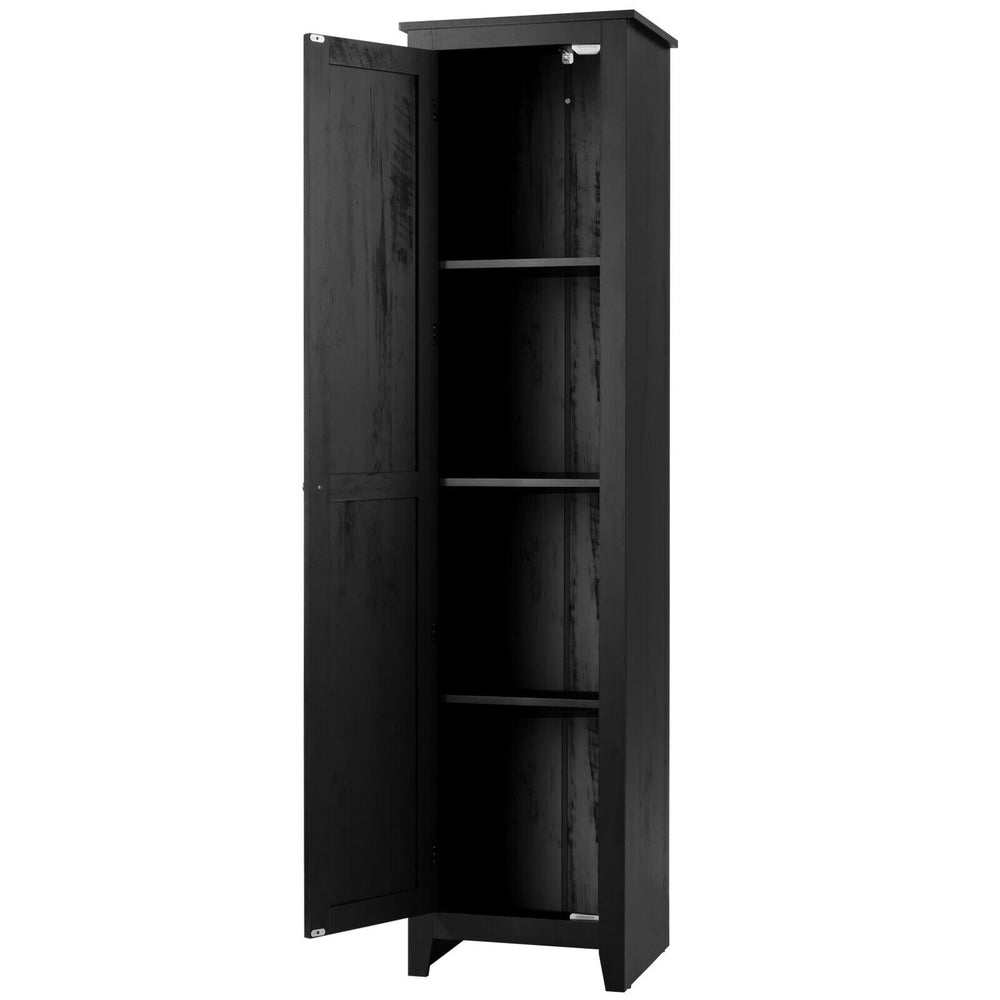 Slim black linen tower storage cabinet with an elegant design, four spacious shelves, perfect for entryway or bedroom.