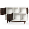 Wood display sideboard storage cabinet with open compartments, showcasing a modern white and espresso design for.