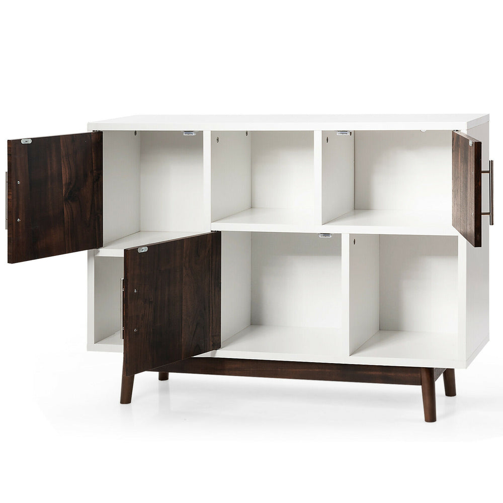 Wood display sideboard storage cabinet with open compartments, showcasing a modern white and espresso design for.