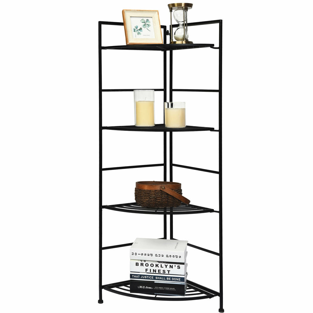 4-tier folding metal shelf plant stand in black, featuring a heavy-duty steel frame for outdoor and indoor storage.