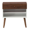 Mid-century nightstand with a drawer and rubber wood legs, featuring a spacious tabletop and open shelves for storage.