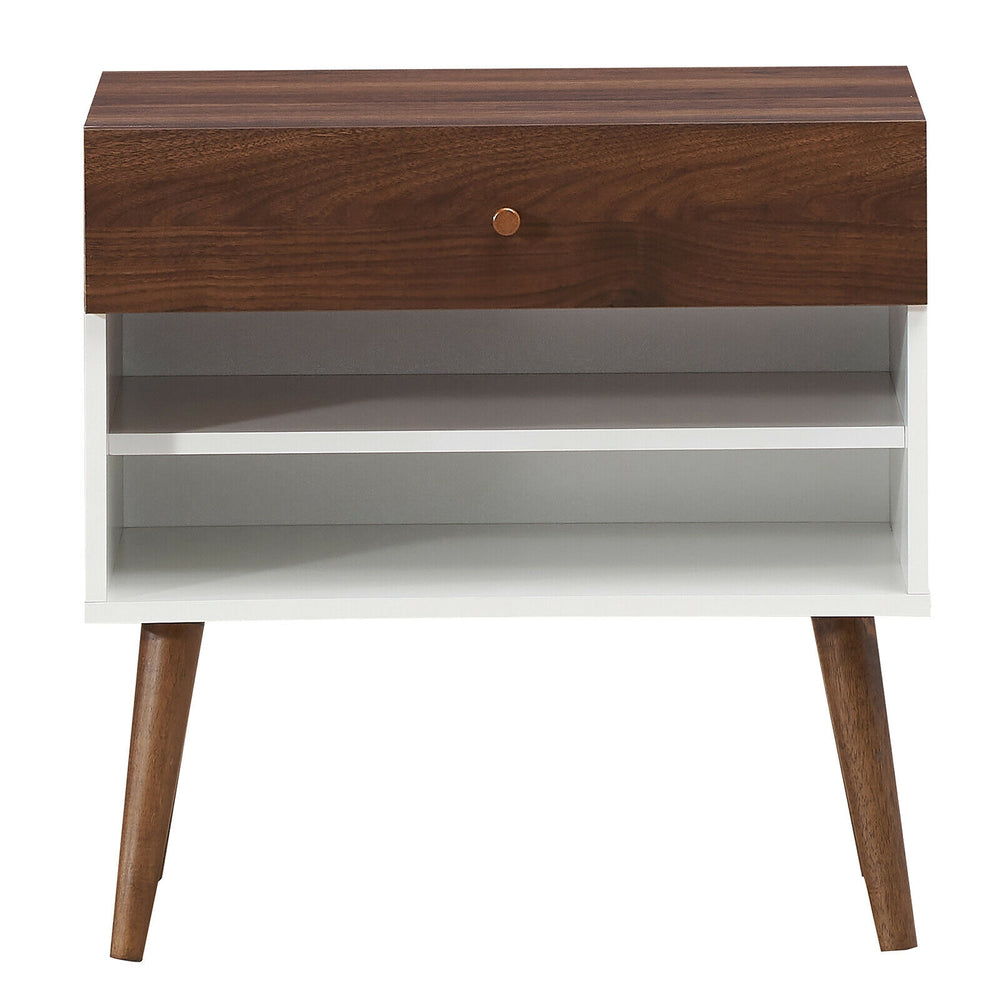 Mid-century nightstand with a drawer and rubber wood legs, featuring a spacious tabletop and open shelves for storage.