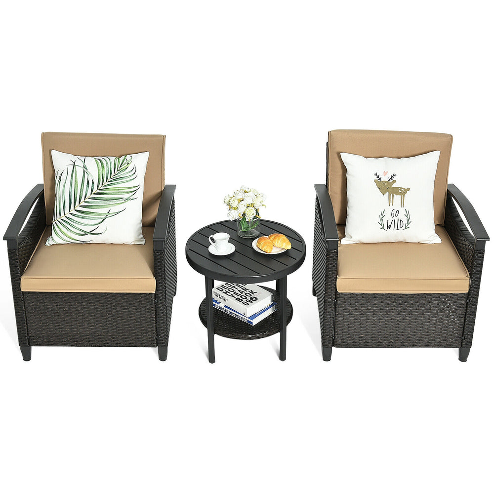 Two cushioned patio chairs with a storage table, made of durable PE rattan, perfect for outdoor relaxation.