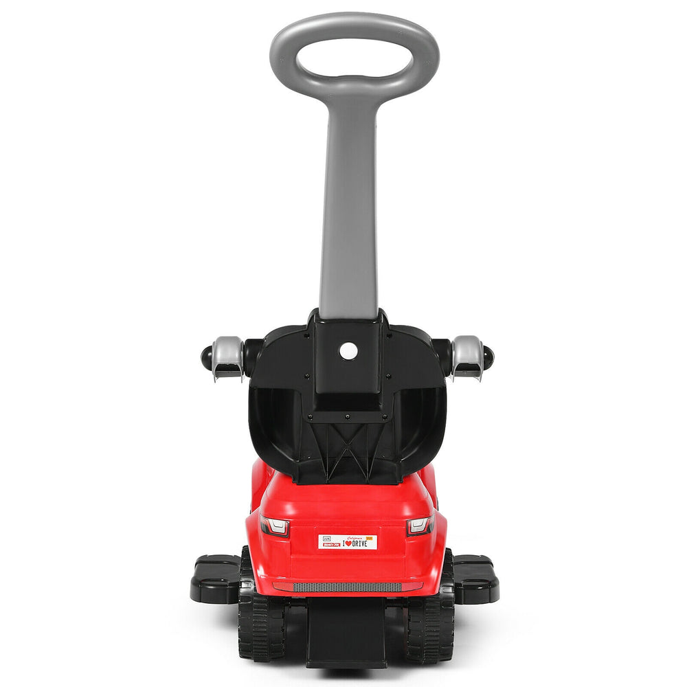 Red 3-in-1 ride-on push car with removable handle, safety guardrails, and storage for toddlers aged 12-36 months.