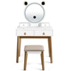 Vanity set with a plush stool, featuring four drawers and a touch screen mirror for convenient makeup application.
