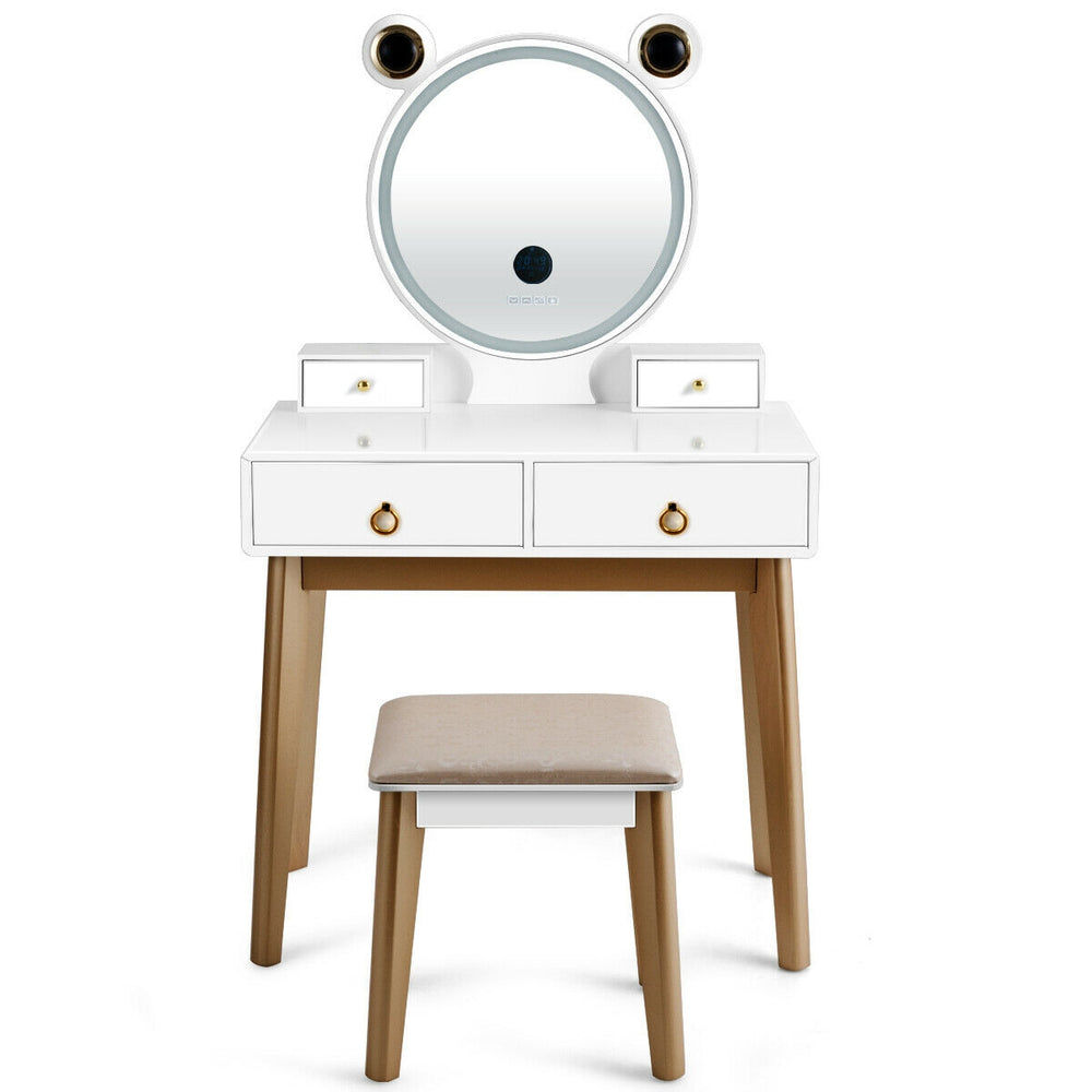 Vanity set with a plush stool, featuring four drawers and a touch screen mirror for convenient makeup application.