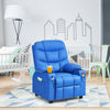 Kids recliner chair in blue with cup holders and footrest, designed for comfort and storage, perfect for children.