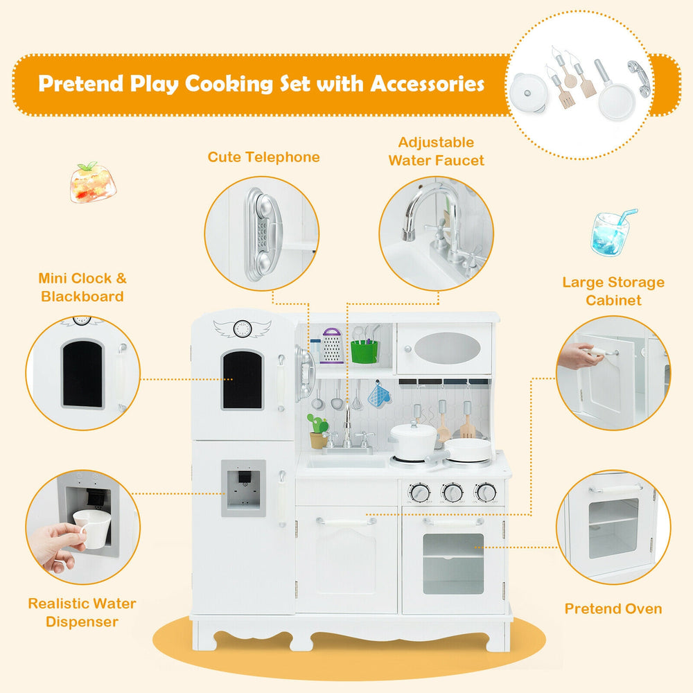 Kitchen pretend play cookware set for kids featuring a water dispenser, mini clock, and adjustable faucet for.