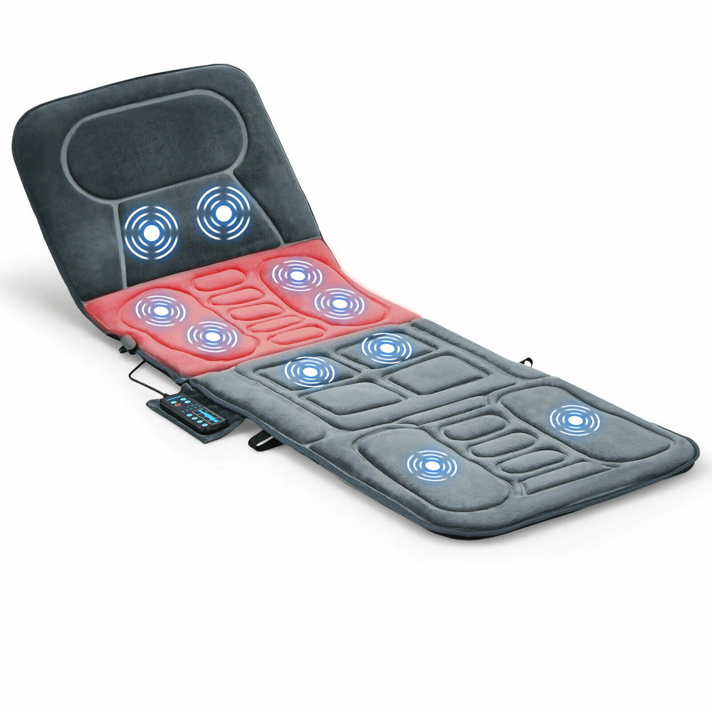 Foldable massage mat with heat and 10 vibration motors, featuring a plush surface for neck, back, and leg relief.