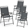 Close-up view of a portable outdoor folding chair with armrest, featuring breathable fabric and a sturdy steel frame.