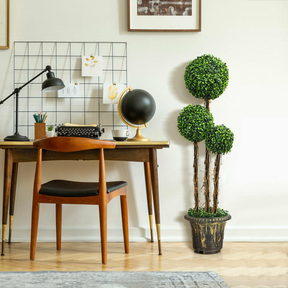Artificial UV resistant topiary triple ball tree plant, 4 feet tall, perfect for indoor or outdoor decoration.