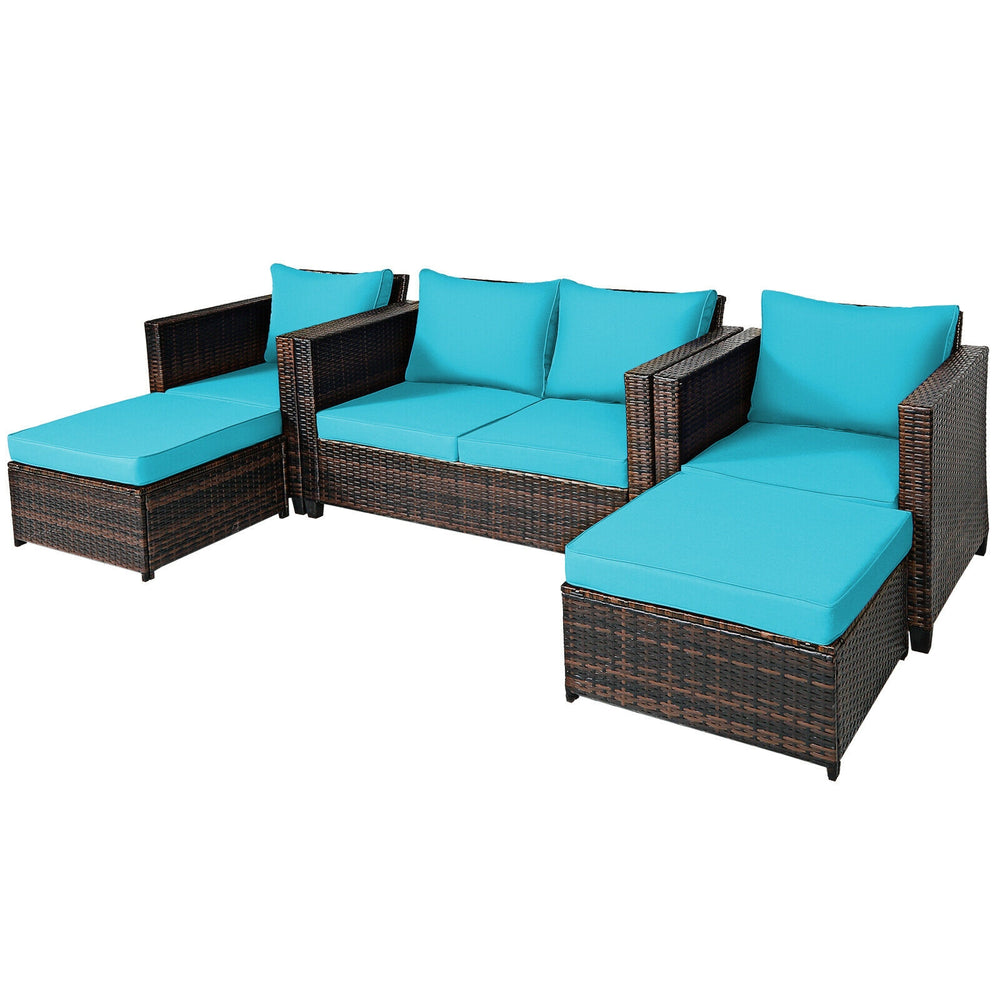 Turquoise cushioned loveseat from a 5-piece patio rattan set, featuring a durable frame for stylish outdoor seating.