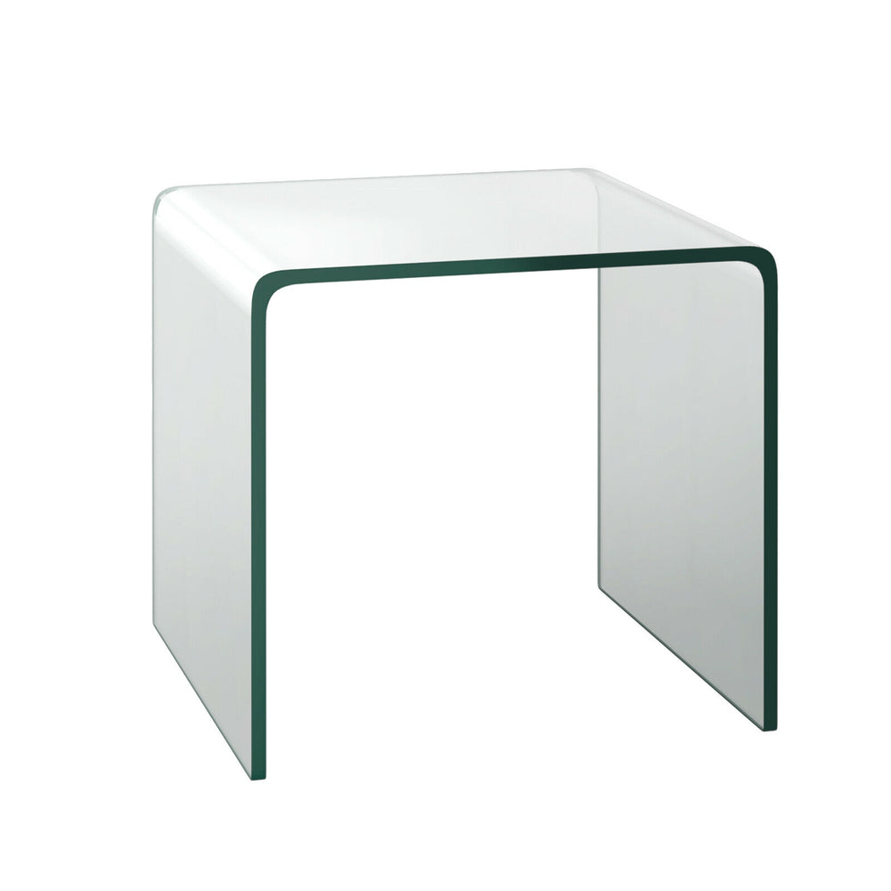 Tempered glass waterfall end table, 18x18x16 inches, minimalist design with non-slip pads for versatile use in any room.