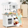 Wooden pretend play kitchen set for kids featuring a sink, stove, and oven, promoting imaginative role-playing and.