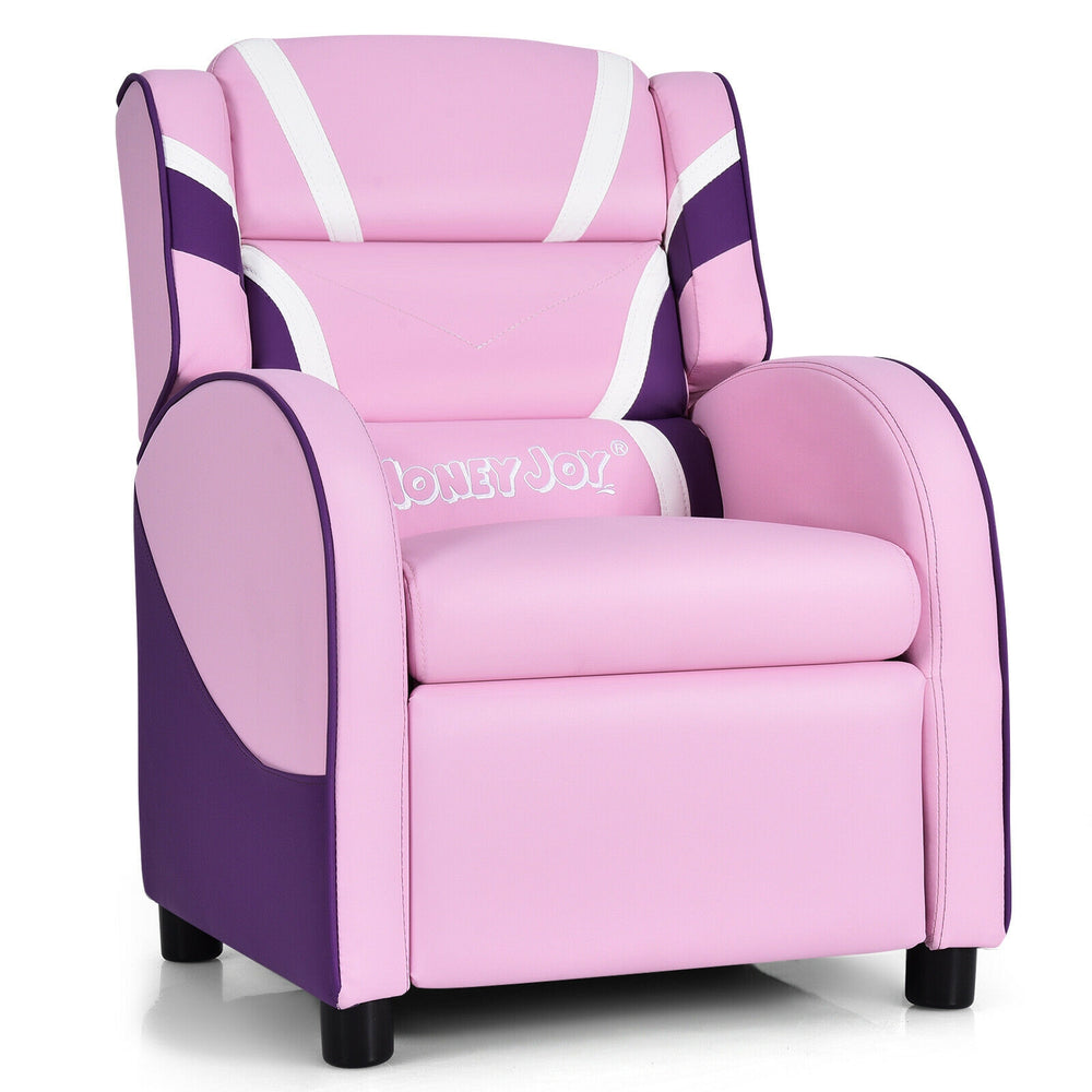Kids leather recliner chair in pink with adjustable backrest, side pockets, and sturdy frame for ages 3-12.