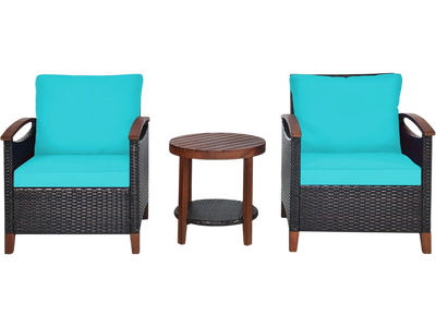 Costway 3-Pc Patio Wicker Furniture Set w/ Washable Cushions & Acacia Wood Table 36891502 New