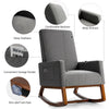 Gray rocking high back upholstered lounge armchair with side pocket, wide armrests, and solid rubberwood base for.