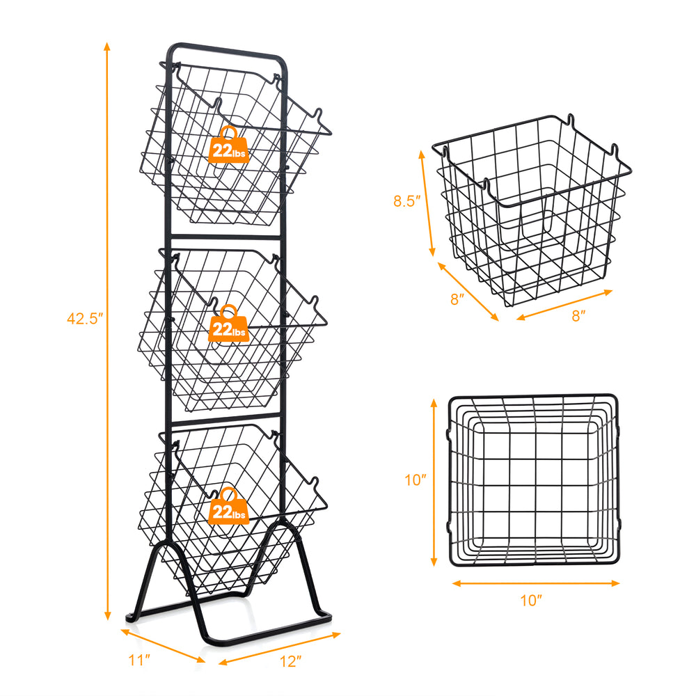 3-tier fruit basket stand with adjustable heights, featuring removable wire baskets for easy organization in kitchens.