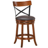 Bar stool with rubber wood legs and swivel seat, featuring a curved backrest and soft cushion for comfort.