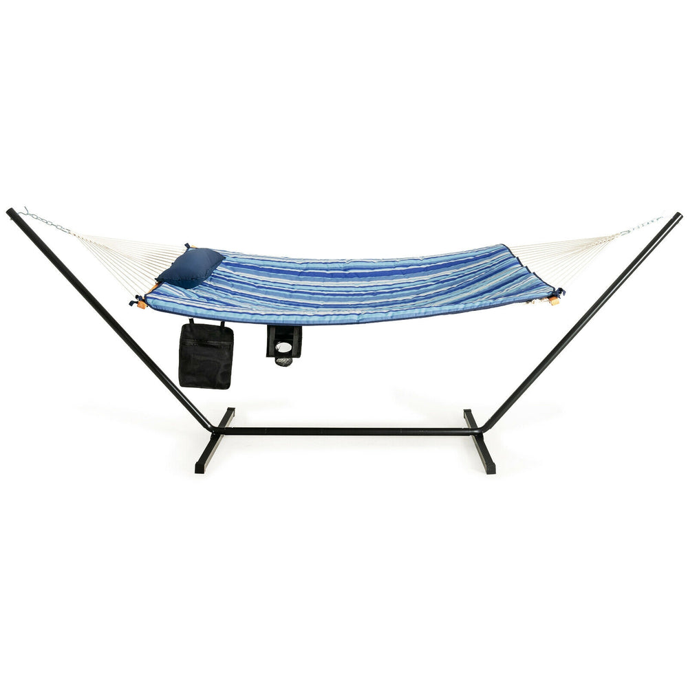 Hammock chair stand set with blue cotton swing, pillow, and cup holder for indoor or outdoor relaxation.