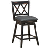 Black 24-inch swivel counter height barstool with rubber wood legs, featuring a comfortable PVC seat for home or office.