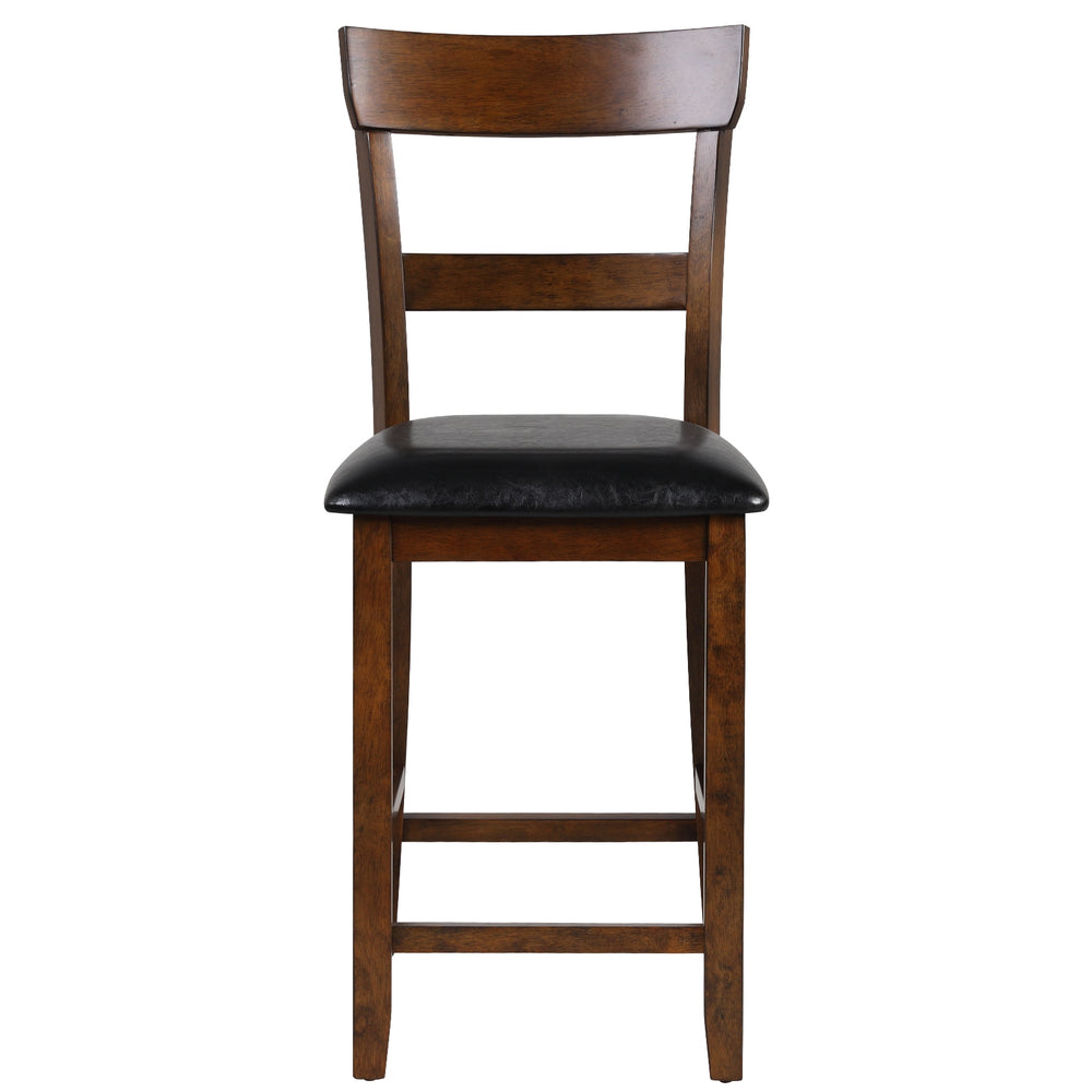 Counter height chair with rubber wood legs and leather seat, designed for comfort and vintage style.