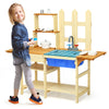 Kid's outdoor wooden pretend cook kitchen playset made of natural fir wood, featuring a sink and open shelves for toy.
